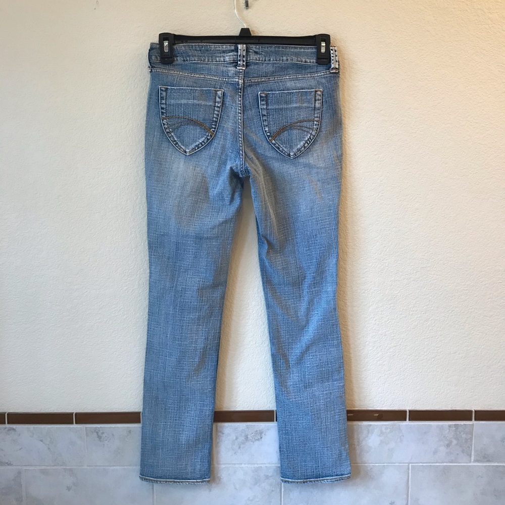 Decree Distressed Etched Acid Washed Skinny Jeans Size 7 Low Rise Denim Blue - Picture 4 of 7
